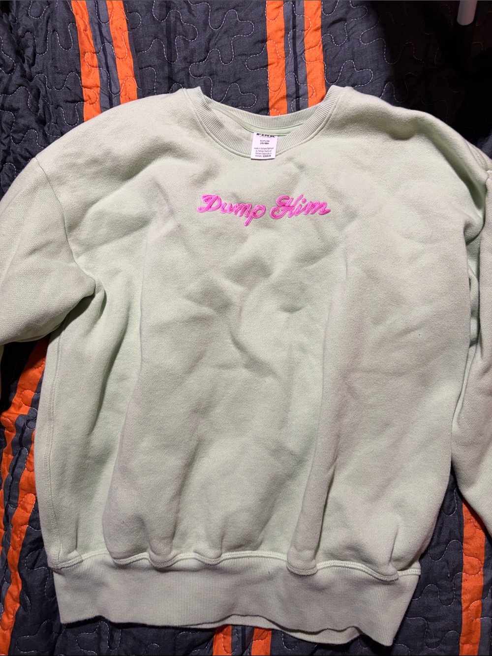 Women's Crewneck Sweater - Pale Mint with Pink Embroidery Dump Him Victoria’s